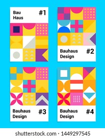 Set of vector abstract pop art poster in neo-memphis/ bauhaus/ vaporwave style. Collection of vivid covers or banners for club party, music concert. Vivid yellow, pastel pink, blue and violet colors.