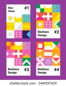 Set of vector abstract pop art poster in neo-memphis/ bauhaus/ vaporwave style. Collection of vivid covers or banners for club party, music concert. Vivid yellow, pastel pink, blue and violet colors.