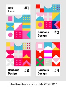Set of vector abstract pop art poster in neo-memphis/ bauhaus/ vaporwave style. Collection of vivid covers or banners for club party, music concert. Vivid yellow, pastel pink, blue and violet colors.