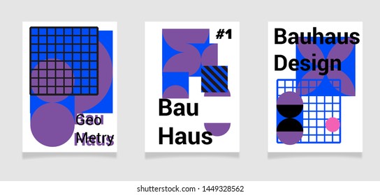 Set of vector abstract pop art poster in neo-memphis/ bauhaus/ vaporwave style. Collection of vivid covers or banners for club party, music concert. Blue and violet colors.