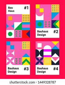 Set of vector abstract pop art poster in neo-memphis/ bauhaus/ vaporwave style. Collection of vivid covers or banners for club party, music concert. Vivid yellow, fuchsia pink, blue and violet colors.