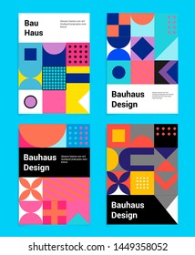 Set of vector abstract pop art poster in neo-memphis/ bauhaus/ vaporwave style. Collection of vivid covers or banners for club party, music concert. Vivid yellow, fuchsia pink, blue and violet colors.