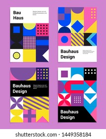 Set of vector abstract pop art poster in neo-memphis/ bauhaus/ vaporwave style. Collection of vivid covers or banners for club party, music concert. Vivid yellow, pastel pink, blue and violet colors.