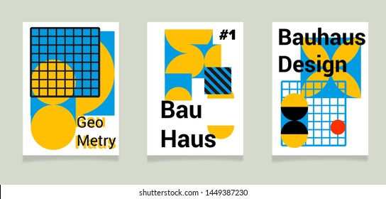 Set of vector abstract pop art poster in neo-memphis/ bauhaus/ vaporwave style. Collection of vivid covers or banners for club party, music concert. Vivid yellow, blue and black colors.