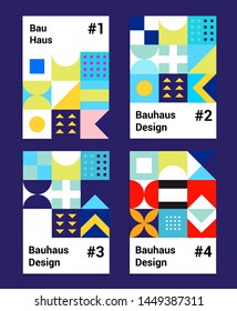 Set of vector abstract pop art poster in neo-memphis/ bauhaus/ vaporwave style. Collection of vivid covers or banners for club party, music concert. Vivid yellow, pastel pink, blue and violet colors.