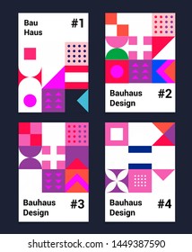 Set of vector abstract pop art poster in neo-memphis/ bauhaus/ vaporwave style. Collection of vivid covers or banners for club party, music concert. Vivid red, pastel pink, blue and violet colors.