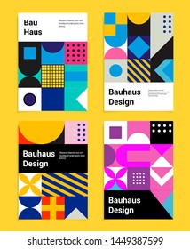 Set of vector abstract pop art poster in neo-memphis/ bauhaus/ vaporwave style. Collection of vivid covers or banners for club party, music concert. Vivid yellow, pastel pink, blue and violet colors.