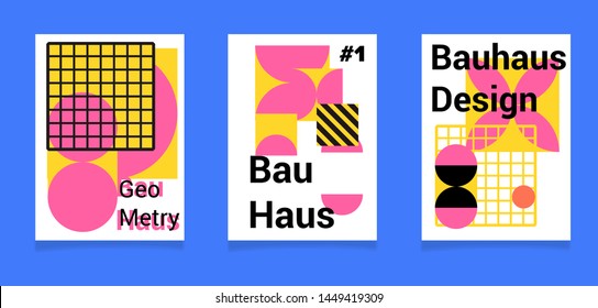 Set of vector abstract pop art poster in neo-memphis/ bauhaus/ vaporwave style. Collection of vivid covers or banners for club party, music concert. 