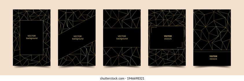 Set of vector abstract poster template with dynamic geometric shapes. Gold lines on a black background. Elegant design for banner, flyer, invitation, cover, business card.