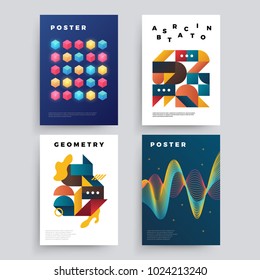   Set of vector abstract posters with geometric gradient shapes and retro colors. Bright 80's posters