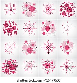 Set of vector abstract red backgrounds created in Bauhaus retro style using honeycombs and circles. Modern geometric composition can be used as templates and layouts.