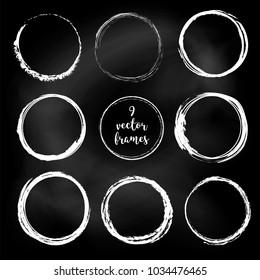 Set of vector abstract round frames. White chalk on a blackboard