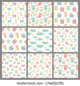 Set of vector abstract seamless backgrounds for newborn design. Collection of colorful endless patterns for newborn. Great for kids design: paper, card, wallpaper, banner, fabric, interior.