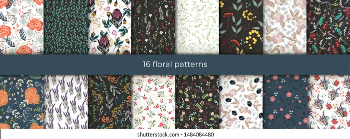 Set of vector abstract seamless simple floral patterns. Flower pattern. Spring pattern. Pattern for textiles or for cover. Wallpaper.