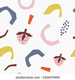Set of vector abstract shapes, hand drawn design elements, organic geometric seamless pattern with strawberry. Scandi swedish style. Vector EPS clip art.