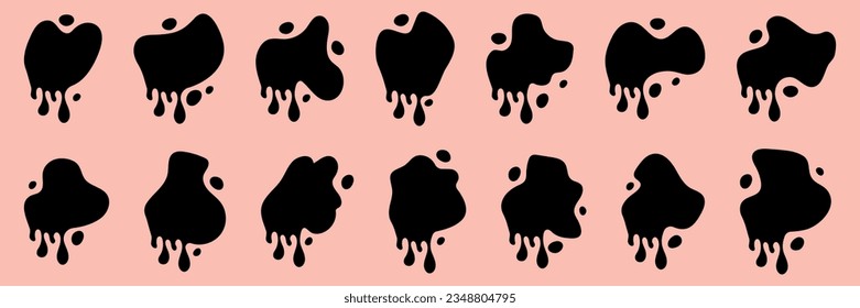Set of vector abstract shapes with streaks of drops. Liquid amoeba spots. Vector illustration.