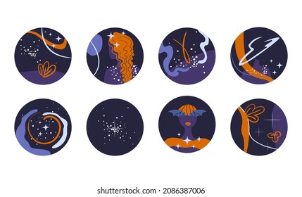 Set vector of abstract space shapes with stars and female silhouettes. For social networks