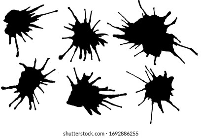 Set of vector abstract splashes drops black ink hand drawn and painted
