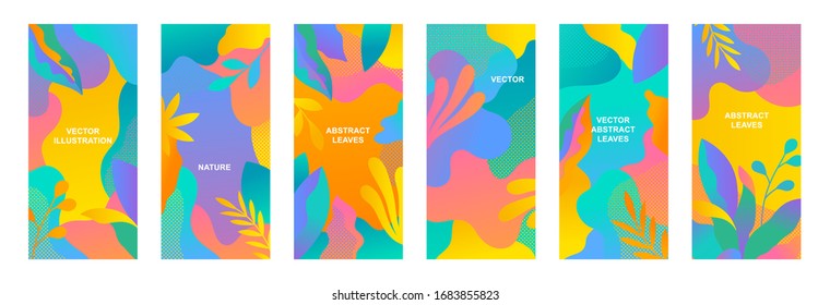 Set of vector abstract summer backgrounds with copy space for text. Vertical templates for social media stories, event invitations, greeting cards, advertizing banners. Tropical designs in flat style.