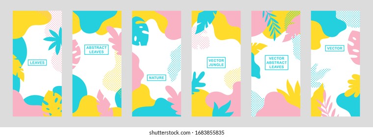 Set of vector abstract summer backgrounds with copy space for text. Vertical templates for social media stories, event invitations, greeting cards, advertizing banners. Tropical designs in flat style.