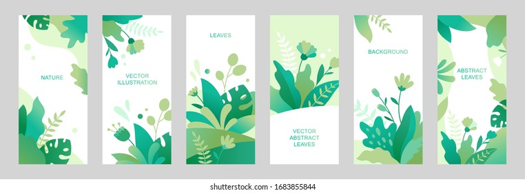 Set of vector abstract summer backgrounds with copy space for text. Vertical templates for social media stories, event invitations, greeting cards, advertizing banners. Flower designs in flat style.