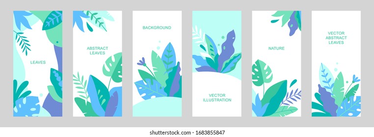 Set of vector abstract summer backgrounds with copy space for text. Vertical templates for social media stories, event invitations, greeting cards, advertizing banners. Foliage designs in flat style.