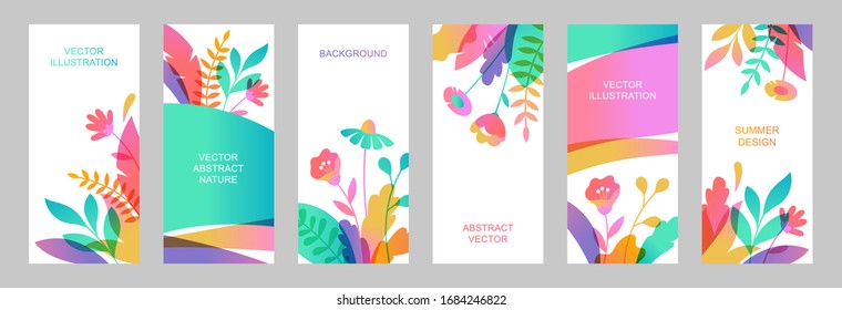 Set of vector abstract summer backgrounds with copy space for text. Vertical templates for social media stories, event invitations, greeting cards, advertizing banners. Flower designs in flat style.