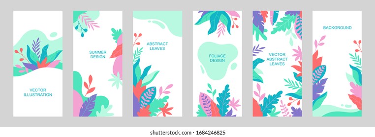 Set of vector abstract summer backgrounds with copy space for text. Vertical templates for social media stories, event invitations, greeting cards, advertizing banners. Foliage designs in flat style.