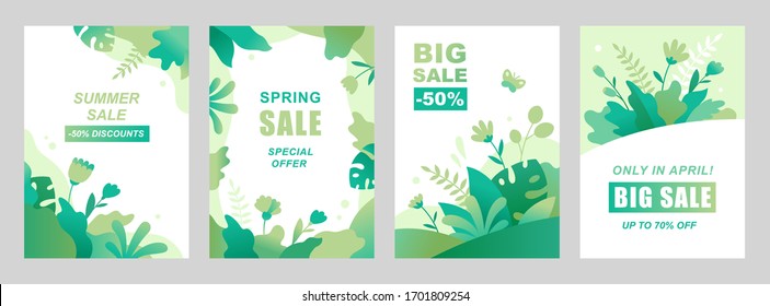 Set of vector abstract summer backgrounds with copy space for text. Vertical templates for social media stories, event invitations, greeting cards, advertizing banners. Flower designs in flat style.