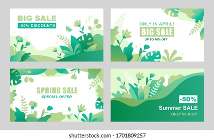 Set of vector abstract summer backgrounds with copy space for text. Horizontal templates for social media stories, event invitations, greeting cards, advertising banners. Flower designs in flat style.