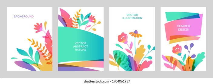 Set of vector abstract summer backgrounds with copy space for text. Vertical templates for social media stories, event invitations, greeting cards, advertizing banners. Flower designs in flat style.