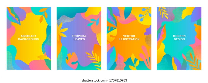 Set of vector abstract summer backgrounds with copy space for text. Vertical templates for web, event invitations, greeting cards, advertising banners. Tropical designs in flat style.