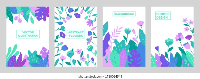 Set of vector abstract summer backgrounds with copy space for text. Vertical templates for social media stories, event invitations, greeting cards, advertising banners. Flower designs in flat style.