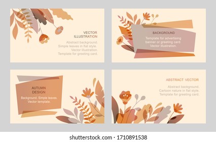 Set of vector abstract summer backgrounds with copy space for text. Horizontal templates for web, event invitations, greeting cards, advertising banners. Designs with leaves and flowers in flat style.