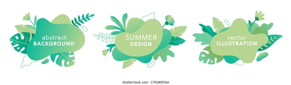 Set of vector abstract summer banners with copy spaces for text. Decorative templates for promo badges, event invitations, discount stickers, advertising flyers. Flower designs in flat style.