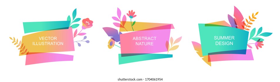 Set of vector abstract summer banners with copy spaces for text. Decorative templates for promo badges, event invitations, discount stickers, advertising flyers. Flower designs in flat style.