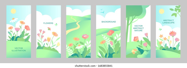 Set of vector abstract summer landscapes with copy space for text. Vertical templates for social media stories, event invitations, greeting cards, advertizing banners. Flower designs in flat style.