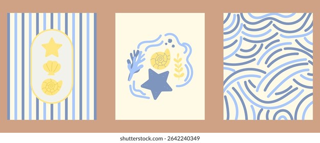set of vector Abstract summer posters. seashells and wave sea design. Trendy summer design or pattern