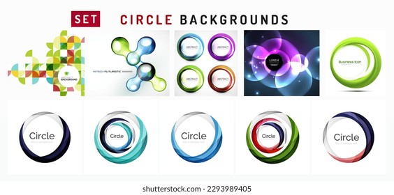 Conjunto de giros y círculos abstractos vectoriales fondos mínimos para papel tapiz, banner, fondo, página de aterrizaje, arte mural, invitación, impresiones