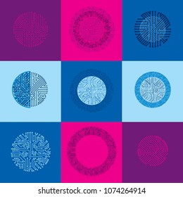 Set of vector abstract technology elements with round colorful circuit boards. High tech circular digital schemes of electronic device, multidirectional arrows.