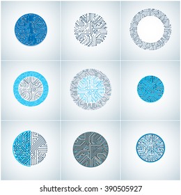 Set of vector abstract technology elements with round blue circuit boards. High tech circular digital schemes of electronic device, multidirectional arrows.