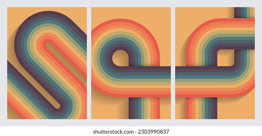 Set of vector abstract templates. A4 retro covers. Posters with rainbow stripes.
