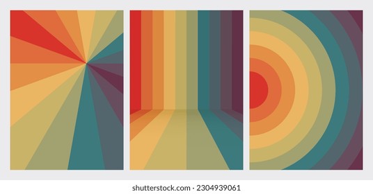 Conjunto de plantillas abstractas vectoriales. Fundas retro A4. Afiches del arco iris.