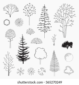 Set of vector abstract trees, line design, un-expanded strokes, ground plans and elevations, modern design, silhouette