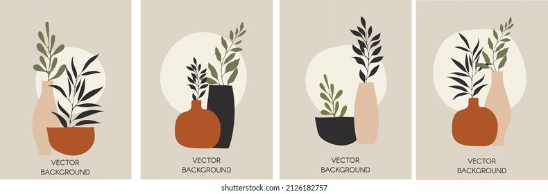 Set of vector abstract universal backgrounds templates in minimal boho style with branches.