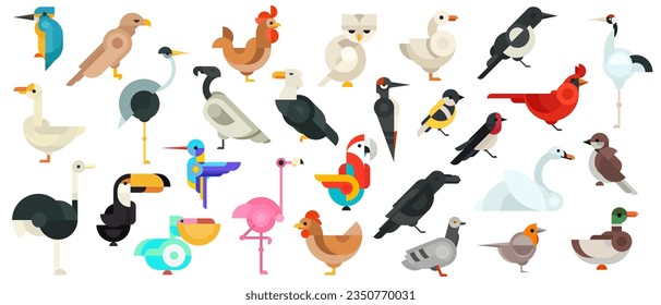 Ponga el vector abstracto de varias aves geométricas en un estilo de arte mínimo moderno. Colección de personajes de dibujos animados brillantes. Elementos de diseño de color de lote, icono o ilustración. 