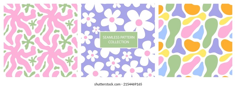 Set of vector abstract vintage seamless pattern. Square groovy background with daisy flowers, blot and shape. Retro flower wallpaper in 1970 style.