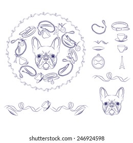 Set of vector accessories for French Bulldog. 