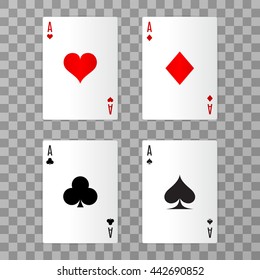 Set of vector ace playing cards with shadow on transparent background . Easy to replace . Vector illustration. EPS 10