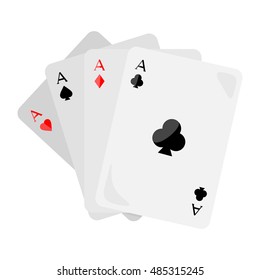 Set of vector ace playing cards isolated. Four aces of diamonds spades hearts and clubs. Poker playing cards. Gambling luck, fortune and bet, risk and leisure, jackpot chances. Flat style design